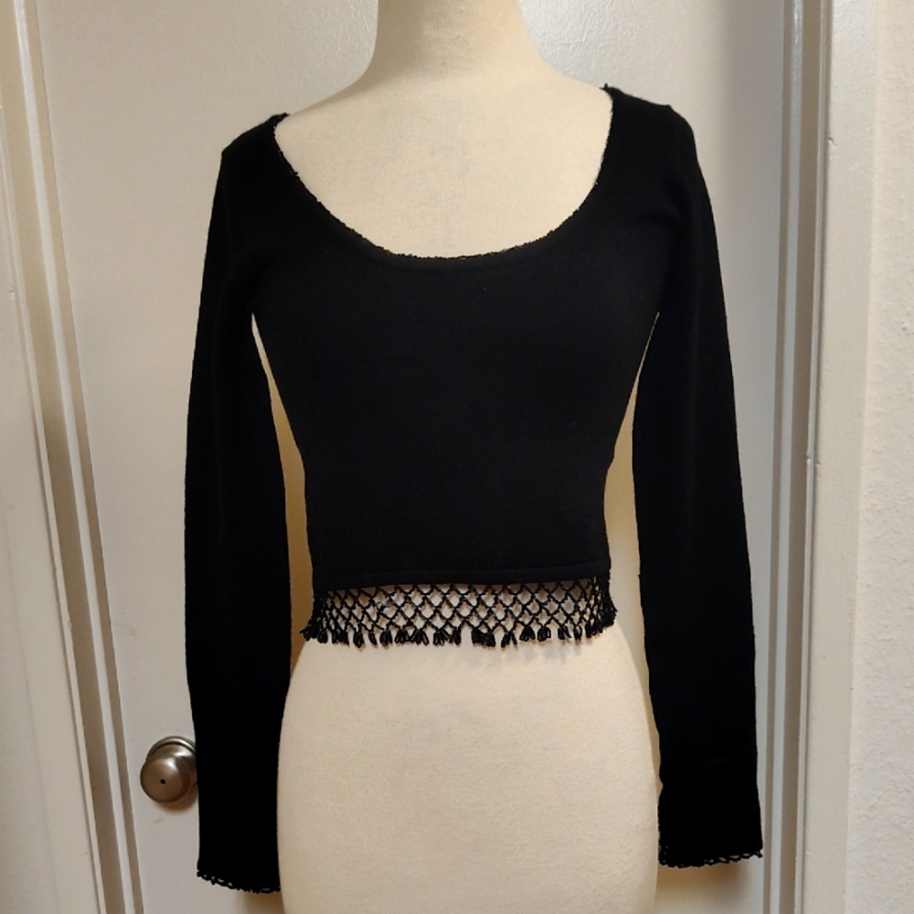 V Generation Chic Black Long Sleeve Sweater with Beaded Borders Size M